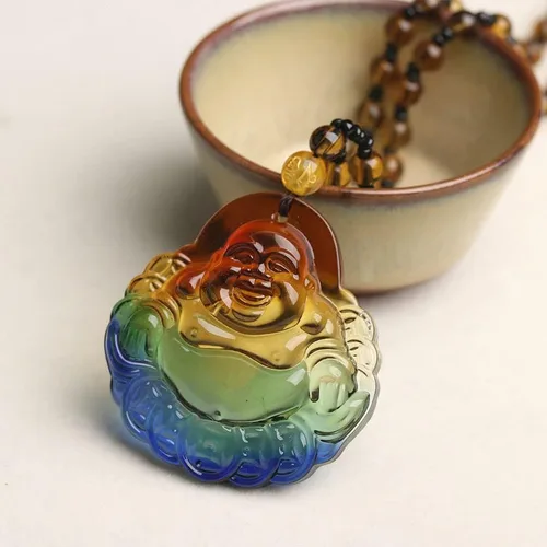 Vista 3 de Collar con colgante de Buda de la risa, collar de cadena de cuentas de Buda de jade de imitación para mujeres y hombres