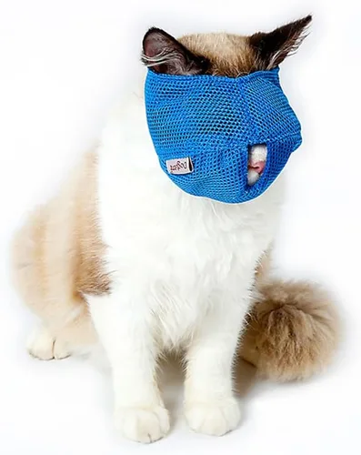 Vista 2 de Bozales para gatos – Bozales de malla transpirable que evitan que los gatos muerdan y mastiquen – Anti mordidas antimaullidos (azul-L)
