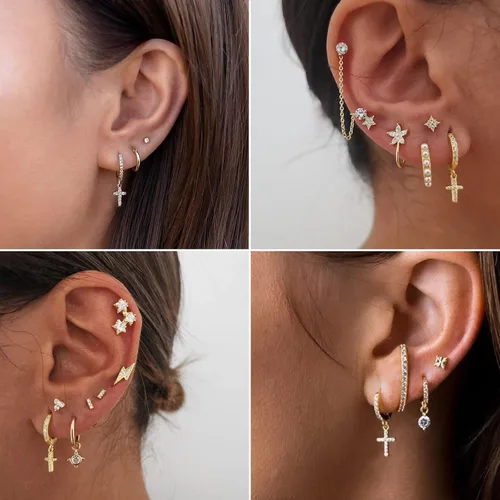 Vista 3 de Gold Mini Dangle Huggie Earrings for Women, Dainty 14K Gold Plated Cubic Zirconia Small Hoop Earrings with Charm Drop, Jewelry Gift for Girls and