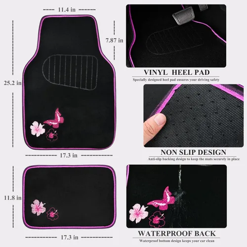 Vista 6 de CAR PASS Juego de fundas universales para asiento delantero de automóvil, diseño de flores bordadas, impermeables, fundas para volante, mariposa