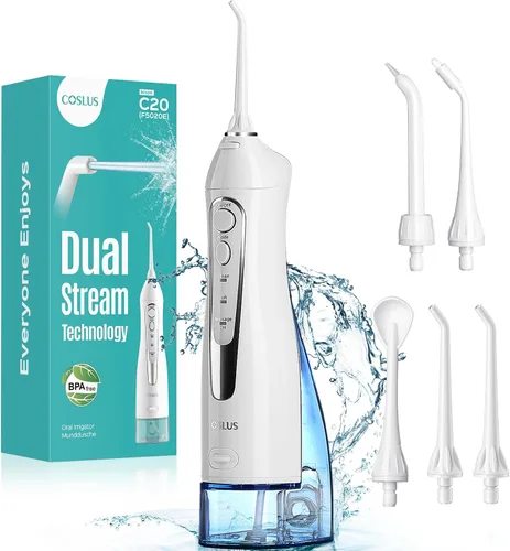 Vista 10 de COSLUS Hilo Dental de Agua: Irrigador Oral Portátil Inalámbrico 300ML Recargable Limpiador de Viaje IPX7 Impermeable Máquina de Hilo Dental
