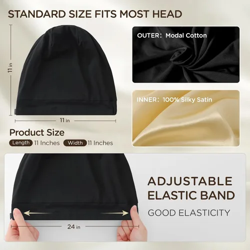 Vista 5 de 2 gorros de satén para dormir para mujer, Multi Adjustable Slouchy Beanie Hat, Night Sleep Cap Hair Wrap for Curly & Natural Hair