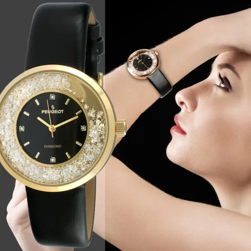 Vista 2 de Peugeot 3041SBK Reloj elegante, con correa negra fina, con diamantes auténticos y circonita cúbica, redondo y plateado, para mujer.