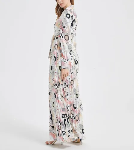 Vista 3 de Enterizo de mujer con cuello en V profundo, estampado bohemio, manga larga, pierna ancha, pantalón de una pieza