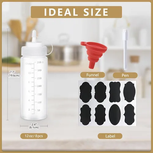 Vista 2 de Paquete de 8 botellas de condimento de plástico de 12 onzas con tapas de tapa, perfectas para condimentos, aceite, glaseado, líquidos, juego de 8