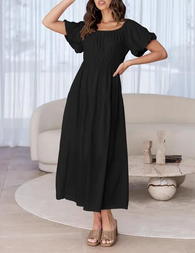 Vista 2 de ZESICA Vestido midi sexy bohemio con hombros descubiertos para mujer, de manga corta, cintura alta, con volantes, acampanado, para fiesta en la playa