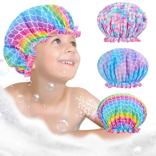 Vista 9 de Olypegic Gorro de ducha para niños, 3 piezas, para niñas, reutilizable, impermeable, ajustable, grande, con unicornio, sirena, arco iris, lindo