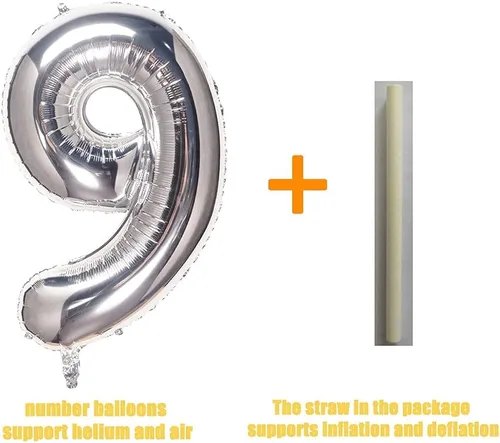 Vista 4 de Globos plateados de 32 pulgadas con el número 9, globos de aluminio digitales para decoración de fiesta de cumpleaños (globo plateado del número 9)