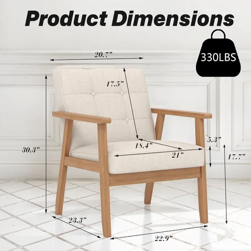 Vista 2 de Silla decorativa moderna con reposabrazos, silla de ocio tapizada de tela de lino con botón de respaldo y marco de madera para sala de estar, Beige