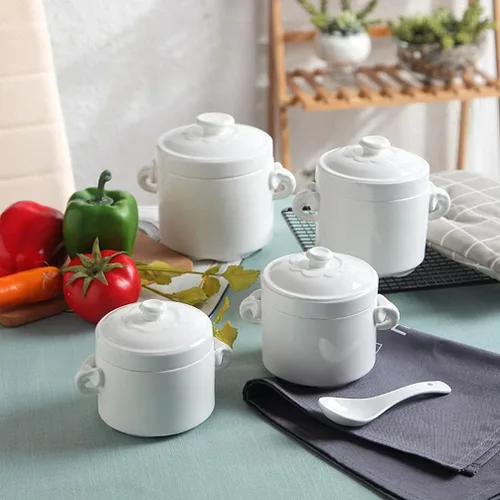 Vista 3 de FRCOLOR Olla pequeña de cerámica con tapa, cuenco de sopa de vapor de 13.5 fl oz, taza al vapor con asa para el hogar, cocina, huevo, natillas