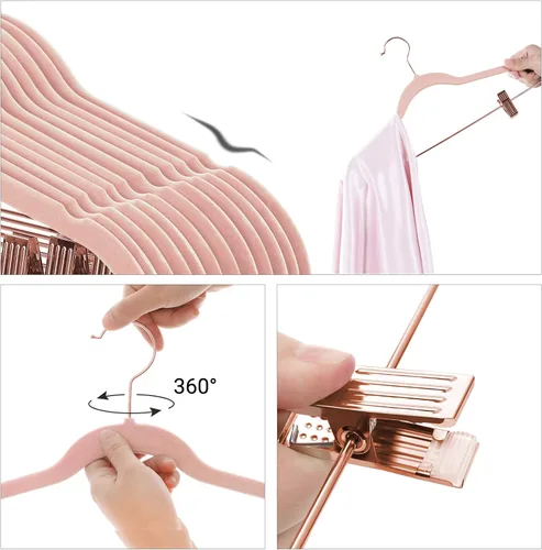 Vista 3 de SONGMICS Paquete de 24 Perchas para Pantalones, Perchas para Abrigos de 16.7 Pulgadas con Clips Móviles de Color Oro Rosa, Resistentes