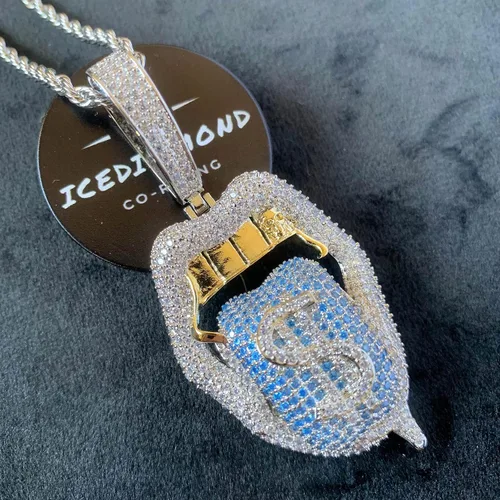 Vista 3 de ICEDIAMOND Iced Out Crazy Dollar Blazing Tongue - Collar con colgante creativo, diamante de circonita cúbica de color brillante con chapado en oro