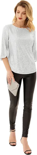 Vista 7 de Blusa de fiesta con lentejuelas brillantes para mujer, con purpurina brillante y manga 34 con abertura
