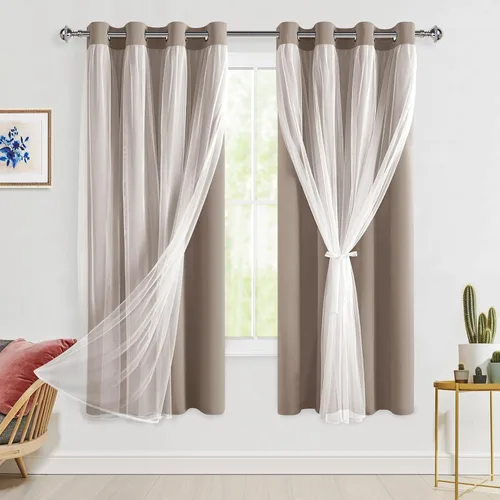Vista 76 de Hiasan Cortinas opacas con superposición transparente, aislamiento térmico para mezclar y combinar de doble capa, cortinas de oscurecimiento de Beige