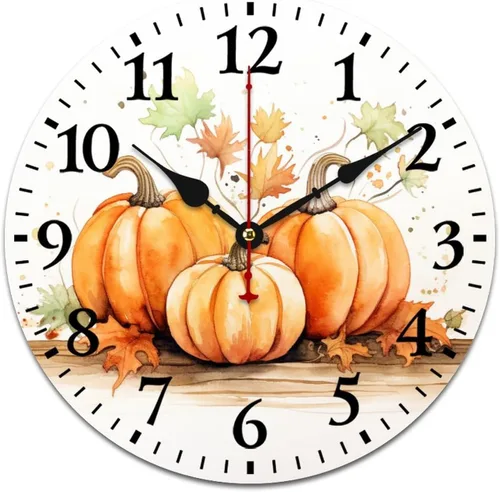 Vista 16 de Reloj de pintura de tinta acuarela amarillo verde calabazas hojas redondo creativo reloj decorativo sin tictac Acción de Gracias o Halloween reloj