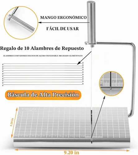 Vista 4 de Cortador de queso de acero inoxidable con 10 cables de repuesto, cortador de queso metálico y tabla de corte - Para queso de bloque