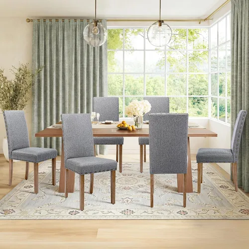 Vista 15 de Juego de sillas de comedor Parsons para cocina, tapizadas, modernas, de tela con respaldo alto y ribete de cabeza de clavo en bronce, paquete de 2