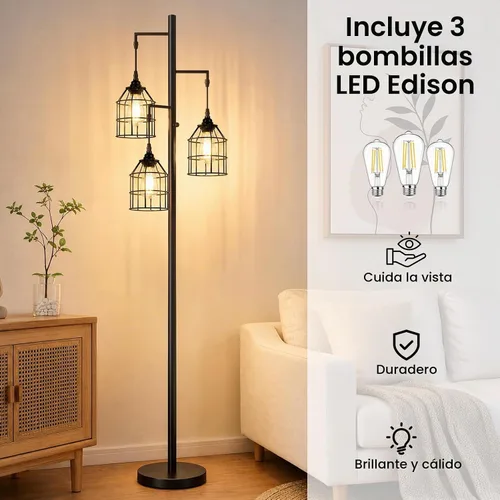 Vista 4 de Sucolite Lámpara de Pie Regulable de 70" para Sala de Estar, Lámpara de Pie Industrial de Árbol de 3 Luces Negra con Jaulas, Lámpara de Pie Alta