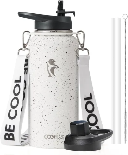 Vista 26 de Botella de agua Coolflask de 40 onzas con correa, botella de agua metálica aislada con popote y tapas con pico, acero inoxidable de doble pared al