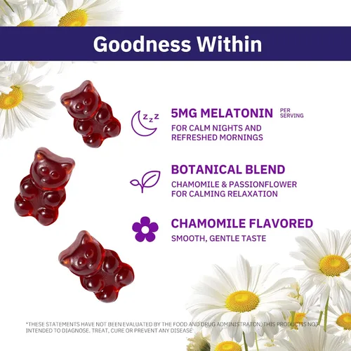 Vista 2 de Gomitas de melatonina con manzanilla (5 mg, 60 unidades) – Veganas, sin OMG, sin gluten, apoya el ciclo de sueño saludable y noches relajantes