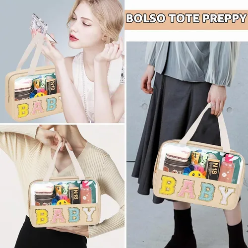 Vista 8 de izuzta Bolsas de maquillaje transparentes tipo tote con letras de chenilla, bolsa de maquillaje preppy con asa, Moda BEBÉ-Beige