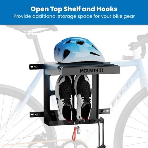 Vista 3 de Mount-It! Soporte de pared para bicicleta con estante y ganchos, soporte horizontal para interiores para garaje, hogar, ahorro de espacio, colgador