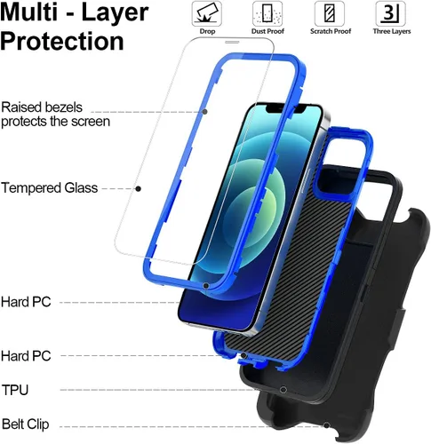 Vista 3 de Funda para iPhone 12 Mini con funda de clip para cinturón y 2 protectores de pantalla, funda de protección completa resistente de grado militar a