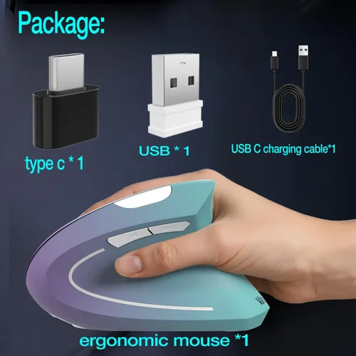 Vista 8 de Vassink Ratón ergonómico inalámbrico recargable, conexión USB A+Type C (2en1), 800/1200/1600 DPI, 6 botones, 2.4GHz, ratón vertical para túnel