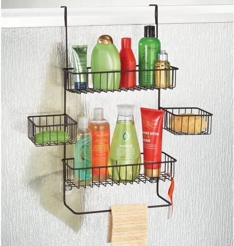 Vista 2 de mDesign Organizador de ducha de acero para colgar sobre la puerta, organizador de ducha colgante con 4 canastas, 2 ganchos, organizador colgante