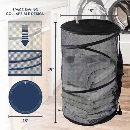 Vista 3 de Cesta plegable de malla de alambre para la ropa sucia, portátil, duradera, bolsa de almacenamiento + correas, cubierta superior con cremallera