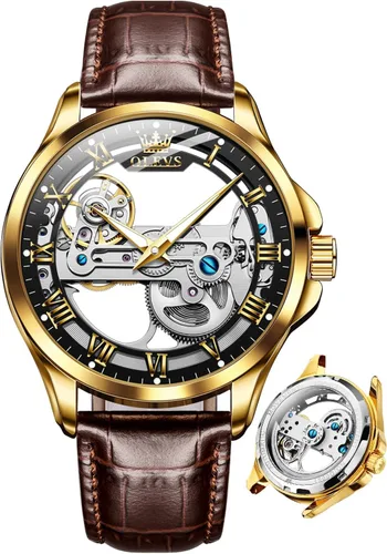 Vista 7 de OLEVS Relojes de esqueleto para hombre, automático, mecánico, de lujo, de cuero, impermeable, luminoso, reloj de pulsera para hombre