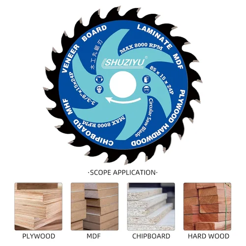 Vista 4 de 3-3/8" (85mm)-24T, hoja de sierra circular de trabajo de madera, eje 0.591 in con 3/8"(10mm) Wahser, para laminado, tablero de chapa, madera