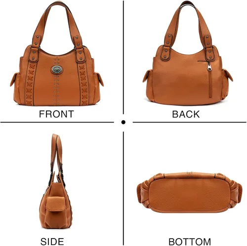 Vista 4 de Bolso de mano para mujer grande, bolso western, damas con asa superior, bolsos de hombro vintage con conchas grabadas y tachuelas