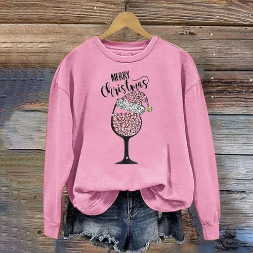 Vista 2 de OSFVNOXV Sudaderas de Navidad para mujer, diseño de árbol de Navidad, reno, cuello redondo, estampado de letras, suéter casual, A#06rosa