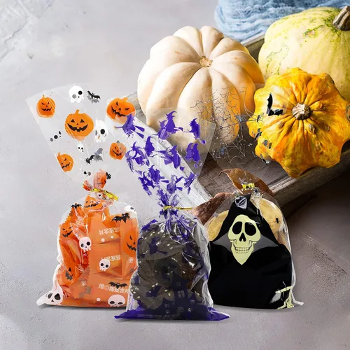 Vista 5 de 150 bolsas de golosinas de Halloween, bolsas de celofán de Halloween con lazos giratorios para suministros de fiesta de Halloween