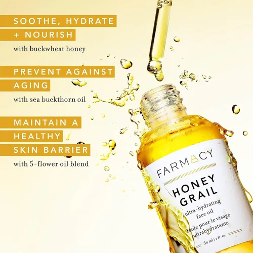 Vista 2 de Aceite facial hidratante Farmacy Honey Grail - Aceite nutritivo para piel y cabello - Infundido con espino amarillo, rosa mosqueta y miel de trigo