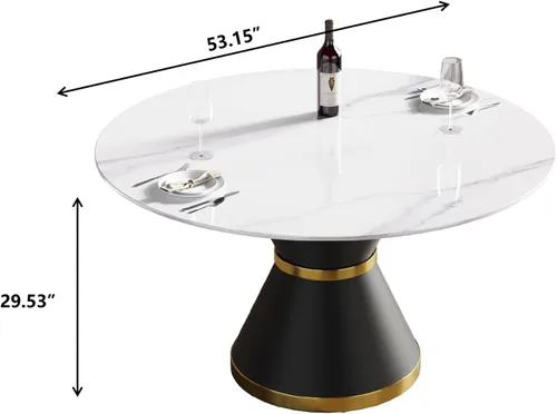 Vista 2 de Mesa de comedor moderna de 53 pulgadas, mesa de comedor de piedra sinterizada con base de acero al carbono negro, mesa de comedor redonda de 53