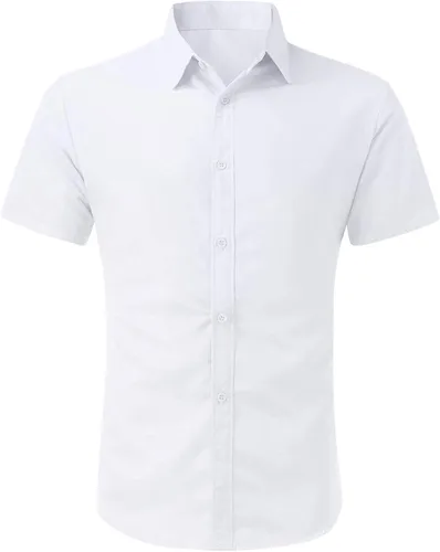 Vista 4 de WUAI-Men Camisas de algodón de manga corta y ajuste regular, para el trabajo, oficina, para verano, casual, con botones, para la playa