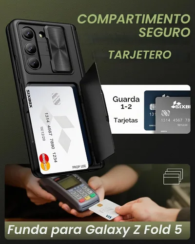 Vista 3 de Funda para Samsung Galaxy Z Fold 5 con tarjetero y cubierta para cámara deslizante, protector de pantalla integrado y protección de bisagra, funda