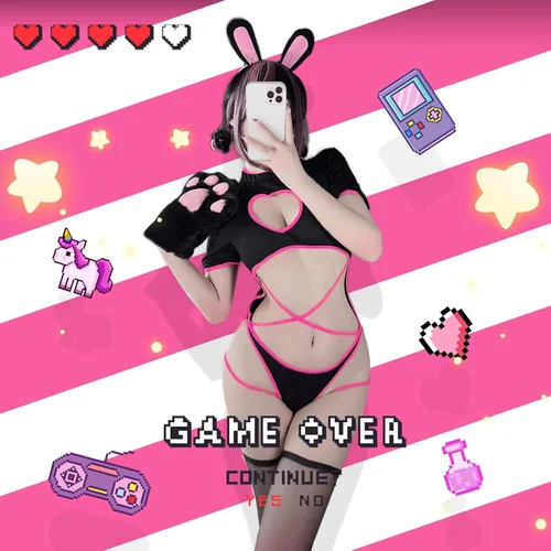 Vista 4 de paloli Disfraz de conejito para mujer, sexy, de una pieza, con corte de anime, parte delantera de corazón, lindo conjunto de traje