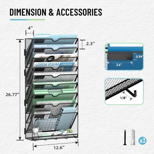 Vista 7 de Organizador de archivos de pared de 10 niveles con ganchos Negro