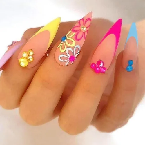 Vista 9 de Uñas postizas ovaladas a presión con puntas francesas, juego de uñas postizas cortas de flores artificiales, uñas postizas acrílicas con diseños