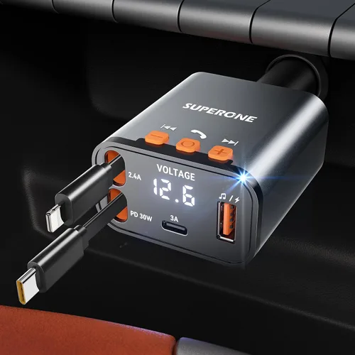 Vista 8 de SUPERONE Cargador retráctil para automóvil, pequeño cargador de automóvil para iPhone, cargador de teléfono para automóvil con USB C y cable Apple
