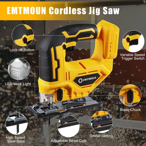 Vista 4 de Sierra de calar inalámbrica compatible con batería Dewalt de 20 V máximo, sierra de calar sin escobillas para 3 ajustes orbitales, 3200 RPM, cortes