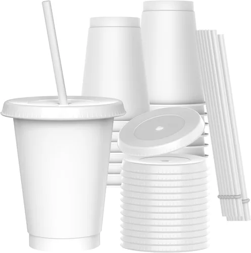 Vista 10 de Vasos de plástico de 24 onzas con tapas y pitillos, tazas de café helado resistentes y seguras para alimentos con tapa, vaso de plástico Negro