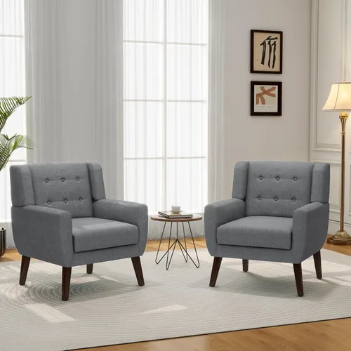 Vista 38 de Accent Chair Set of 1, Comfy Reading Armchair, Beige Linen Blend, Tufted Button Backrest, Solid Wood Frame, Upholstered Club Single Sofa Chairs
