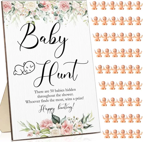 Vista 11 de Roowest Los juegos de baby shower de 51 piezas incluyen letrero de caza de madera, 50 mini juegos de plástico para baby shower, revelación