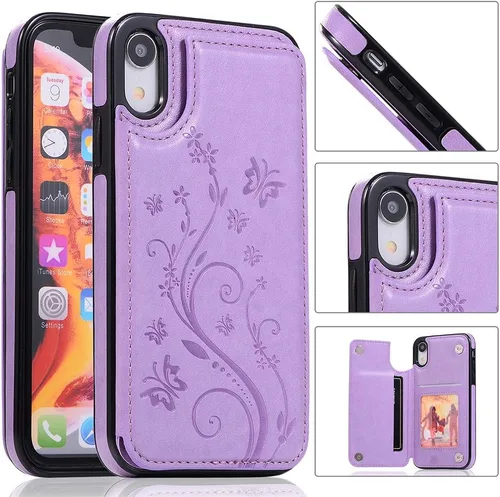 Vista 3 de Asuwish Funda para iPhone XR con protector de pantalla de vidrio templado, funda de cuero con soporte para tarjetas, doble cierre magnético y funda