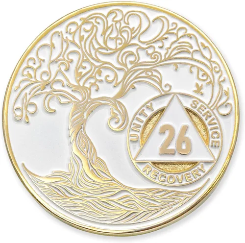 Vista 217 de 1 año Sobriety Mint Twisted Tree of Life Medallón de recuperación AA chapado en oro, chip/ficha - negro