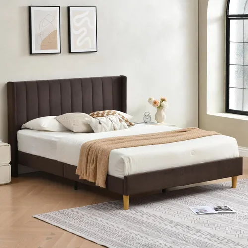 Vista 34 de Marco de cama tapizado de terciopelo individual con cabecera con respaldo de ala, color crema Cama de plataforma capitoné de canal vertical